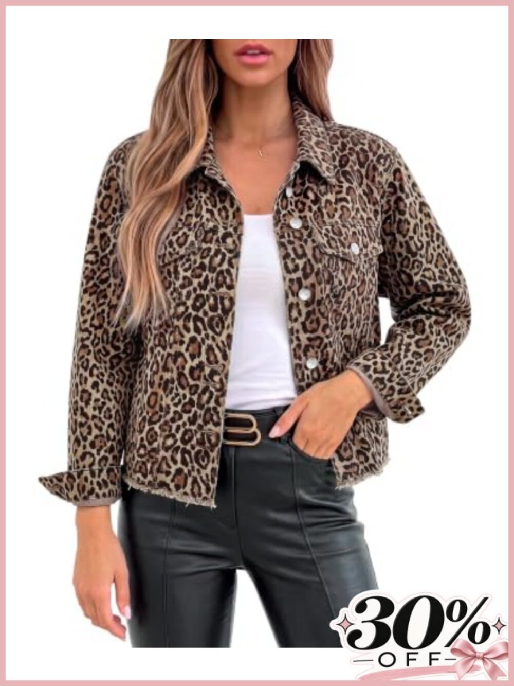 Womens Leopard Print Stretchy Cotton Denim Jacket Frayed Hem Cropped Button Down